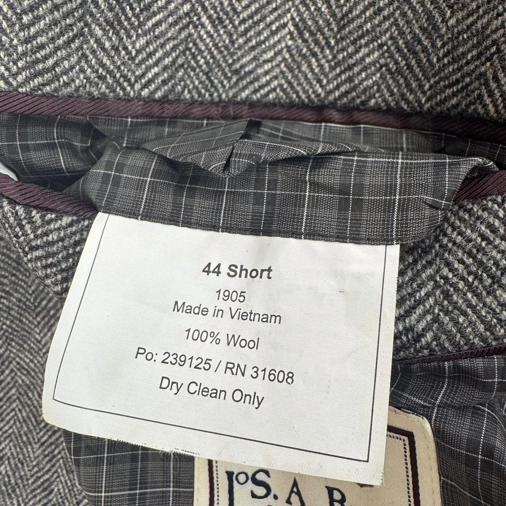 Jos‎ A Bank 1905 Blazer Mens 44 Short Gray Herringbone Wool Sport Coat Jacket